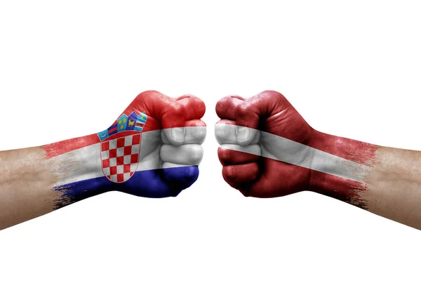 Two Hands Punch Each Others White Background Country Flags Painted — Stock fotografie