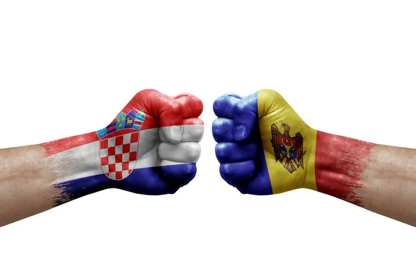 Two Hands Punch Each Others White Background Country Flags Painted — Stockfoto