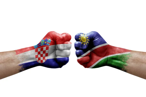 Two Hands Punch Each Others White Background Country Flags Painted — Fotografie, imagine de stoc