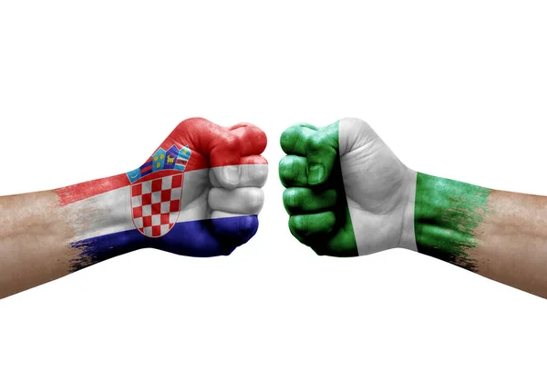 Two Hands Punch Each Others White Background Country Flags Painted — Stock Photo, Image