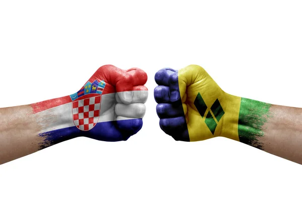 Two Hands Punch Each Others White Background Country Flags Painted — Stock fotografie