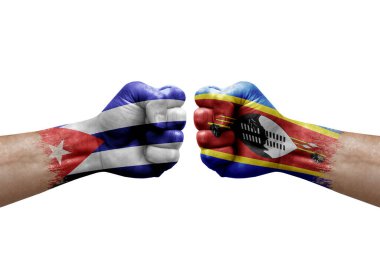 Two hands punch to each others on white background. Country flags painted fists, conflict crisis concept between cuba and eswatini