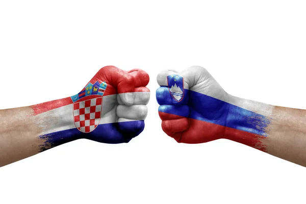 Two Hands Punch Each Others White Background Country Flags Painted — Stockfoto