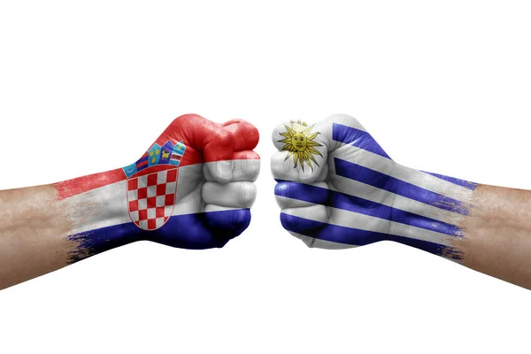 Two Hands Punch Each Others White Background Country Flags Painted — Stock Photo, Image