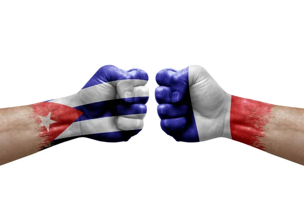 Two Hands Punch Each Others White Background Country Flags Painted — Stockfoto