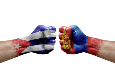 Two hands punch to each others on white background. Country flags painted fists, conflict crisis concept between cuba and mongolia