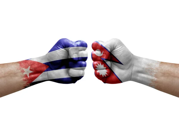 Two Hands Punch Each Others White Background Country Flags Painted — Photo