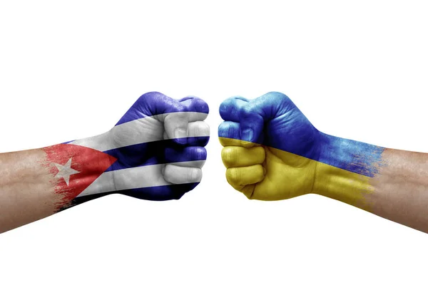 Two Hands Punch Each Others White Background Country Flags Painted — Stock Photo, Image