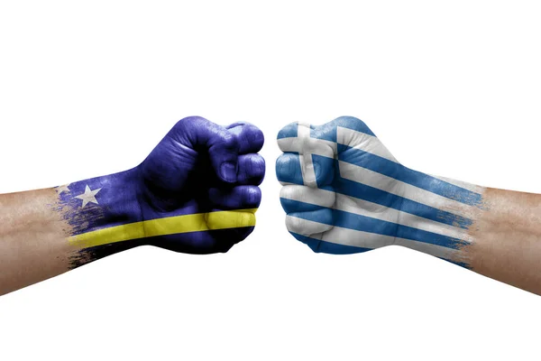 Two Hands Punch Each Others White Background Country Flags Painted — Photo