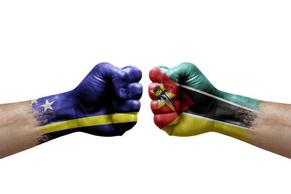 Two Hands Punch Each Others White Background Country Flags Painted — Stock Fotó