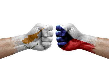 Two hands punch to each others on white background. Country flags painted fists, conflict crisis concept between cyprus and czechia