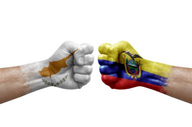 Two hands punch to each others on white background. Country flags painted fists, conflict crisis concept between cyprus and ecuador