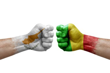 Two hands punch to each others on white background. Country flags painted fists, conflict crisis concept between cyprus and mali