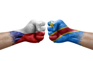 Two hands punch to each others on white background. Country flags painted fists, conflict crisis concept between czechia and dr congo