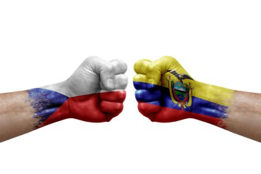 Two hands punch to each others on white background. Country flags painted fists, conflict crisis concept between czechia and ecuador