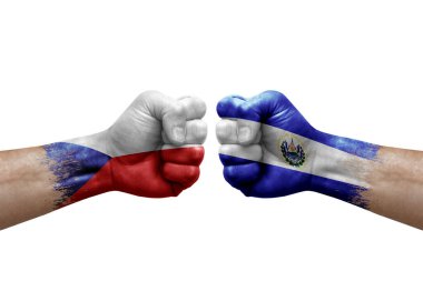 Two hands punch to each others on white background. Country flags painted fists, conflict crisis concept between czechia and el salvador