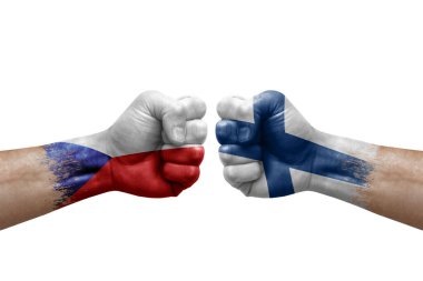 Two hands punch to each others on white background. Country flags painted fists, conflict crisis concept between czechia and finland
