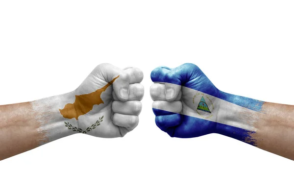 Two Hands Punch Each Others White Background Country Flags Painted — Stockfoto