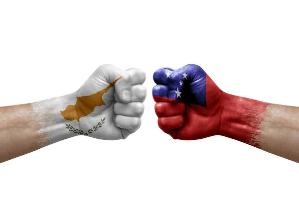 Two Hands Punch Each Others White Background Country Flags Painted — Stockfoto