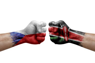 Two hands punch to each others on white background. Country flags painted fists, conflict crisis concept between czechia and kenya