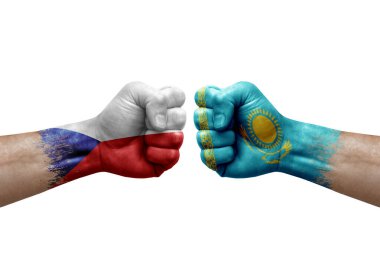 Two hands punch to each others on white background. Country flags painted fists, conflict crisis concept between czechia and kazakhstan