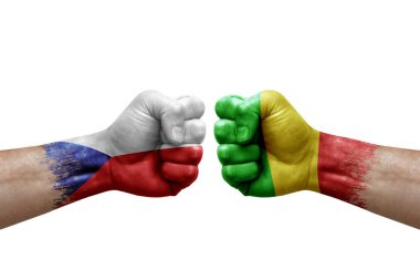 Two hands punch to each others on white background. Country flags painted fists, conflict crisis concept between czechia and mali