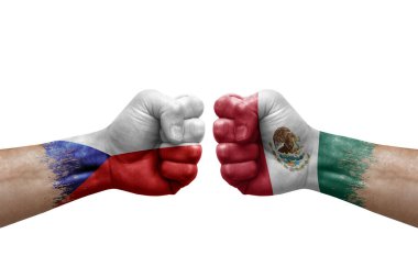 Two hands punch to each others on white background. Country flags painted fists, conflict crisis concept between czechia and mexico