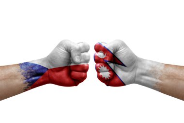 Two hands punch to each others on white background. Country flags painted fists, conflict crisis concept between czechia and nepal