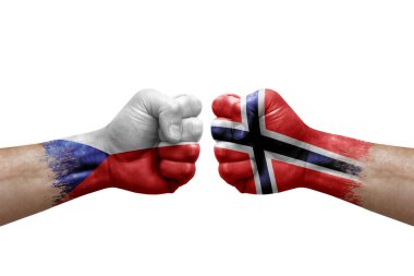 Two hands punch to each others on white background. Country flags painted fists, conflict crisis concept between czechia and norway