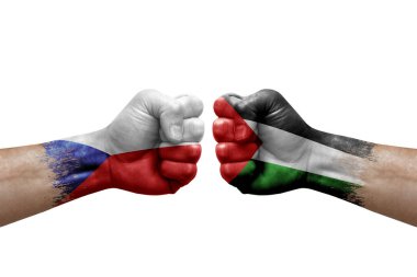 Two hands punch to each others on white background. Country flags painted fists, conflict crisis concept between czechia and palestine