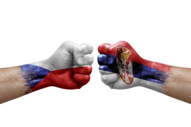 Two hands punch to each others on white background. Country flags painted fists, conflict crisis concept between czechia and serbia