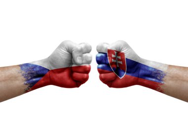 Two hands punch to each others on white background. Country flags painted fists, conflict crisis concept between czechia and slovakia