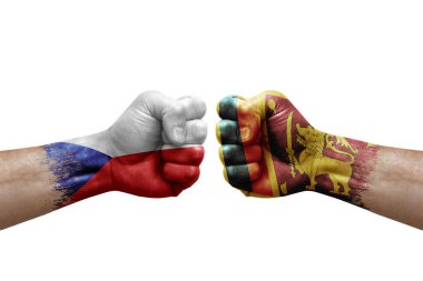 Two hands punch to each others on white background. Country flags painted fists, conflict crisis concept between czechia and sri lanka