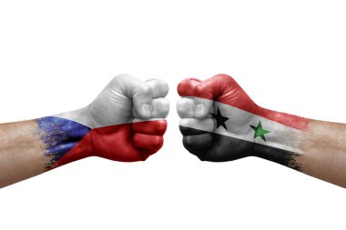 Two hands punch to each others on white background. Country flags painted fists, conflict crisis concept between czechia and syria