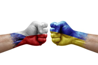 Two hands punch to each others on white background. Country flags painted fists, conflict crisis concept between czechia and ukraine
