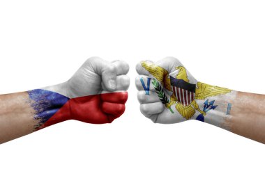 Two hands punch to each others on white background. Country flags painted fists, conflict crisis concept between czechia and virgin islands
