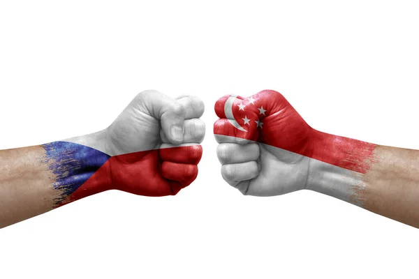 Two Hands Punch Each Others White Background Country Flags Painted — Fotografia de Stock