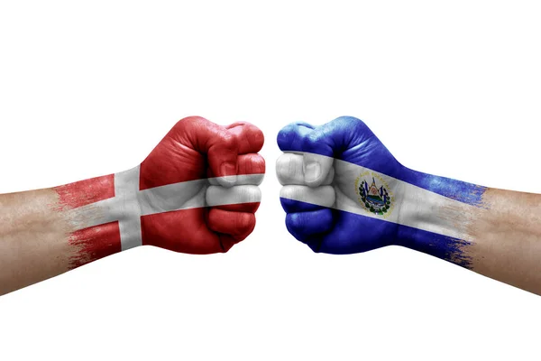 Two Hands Punch Each Others White Background Country Flags Painted — Stock Photo, Image