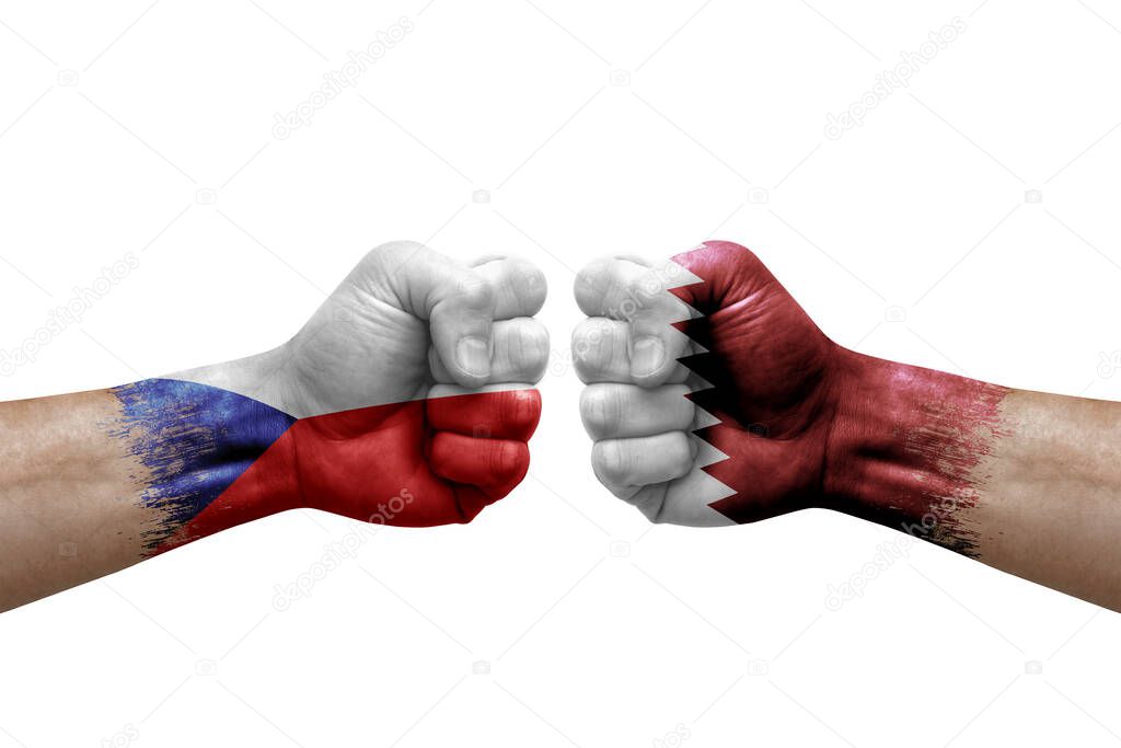 Two hands punch to each others on white background. Country flags painted fists, conflict crisis concept between czechia and qatar