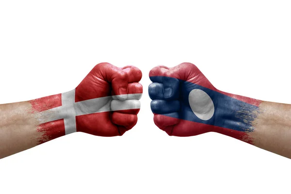 Two Hands Punch Each Others White Background Country Flags Painted — Fotografia de Stock