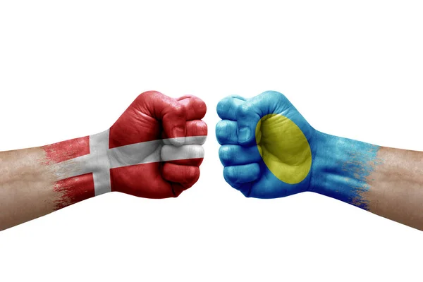 Two Hands Punch Each Others White Background Country Flags Painted — Fotografia de Stock