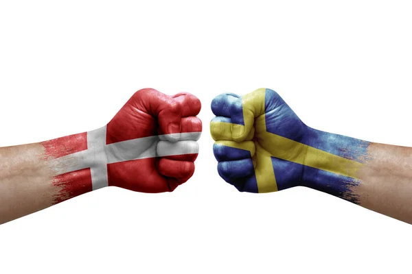 Two Hands Punch Each Others White Background Country Flags Painted — Fotografia de Stock