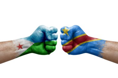 Two hands punch to each others on white background. Country flags painted fists, conflict crisis concept between djibouti and dr congo