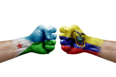 Two hands punch to each others on white background. Country flags painted fists, conflict crisis concept between djibouti and ecuador