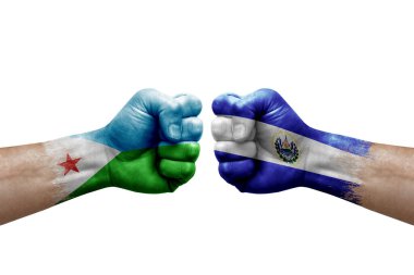 Two hands punch to each others on white background. Country flags painted fists, conflict crisis concept between djibouti and el salvador
