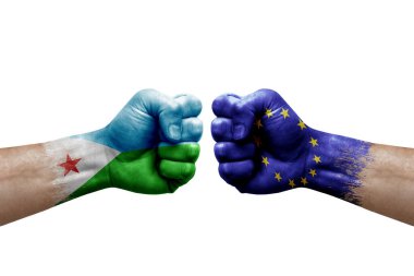 Two hands punch to each others on white background. Country flags painted fists, conflict crisis concept between djibouti and european union