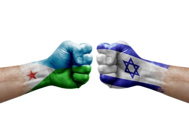 Two hands punch to each others on white background. Country flags painted fists, conflict crisis concept between djibouti and israel