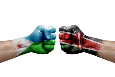 Two hands punch to each others on white background. Country flags painted fists, conflict crisis concept between djibouti and kenya