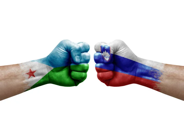 Two Hands Punch Each Others White Background Country Flags Painted — Fotografia de Stock