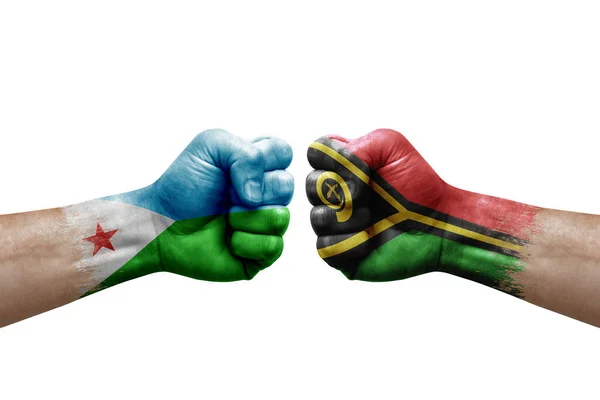 Two Hands Punch Each Others White Background Country Flags Painted — Stok fotoğraf